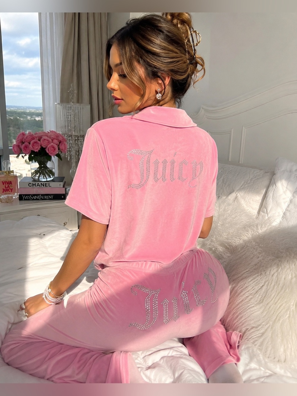 Juicy Couture Pink Velour Rhinestone Logo Two-Piece Lounge Set Size Large